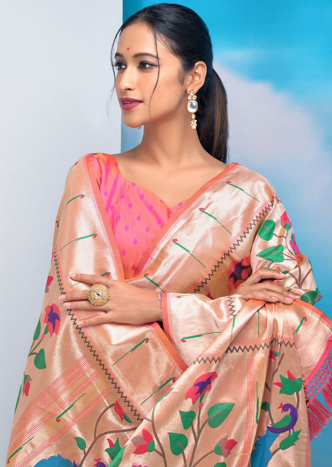 PEACH ZARI WOVEN TRADITIONAL PAITHANI SILK SAREE