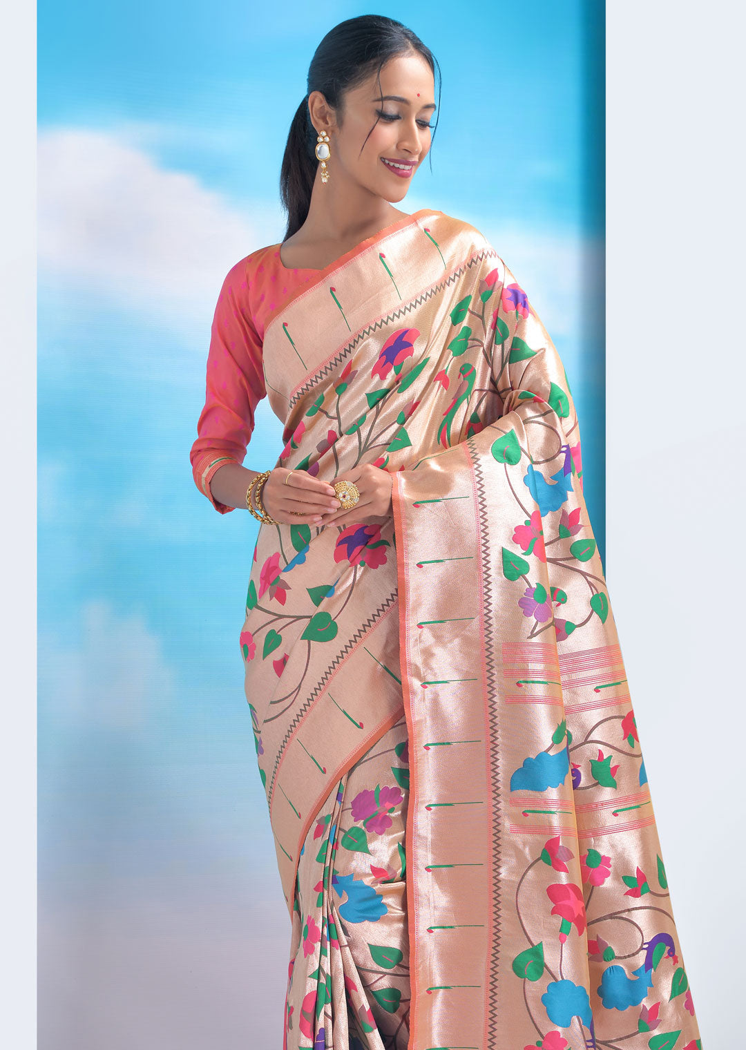 PEACH ZARI WOVEN TRADITIONAL PAITHANI SILK SAREE