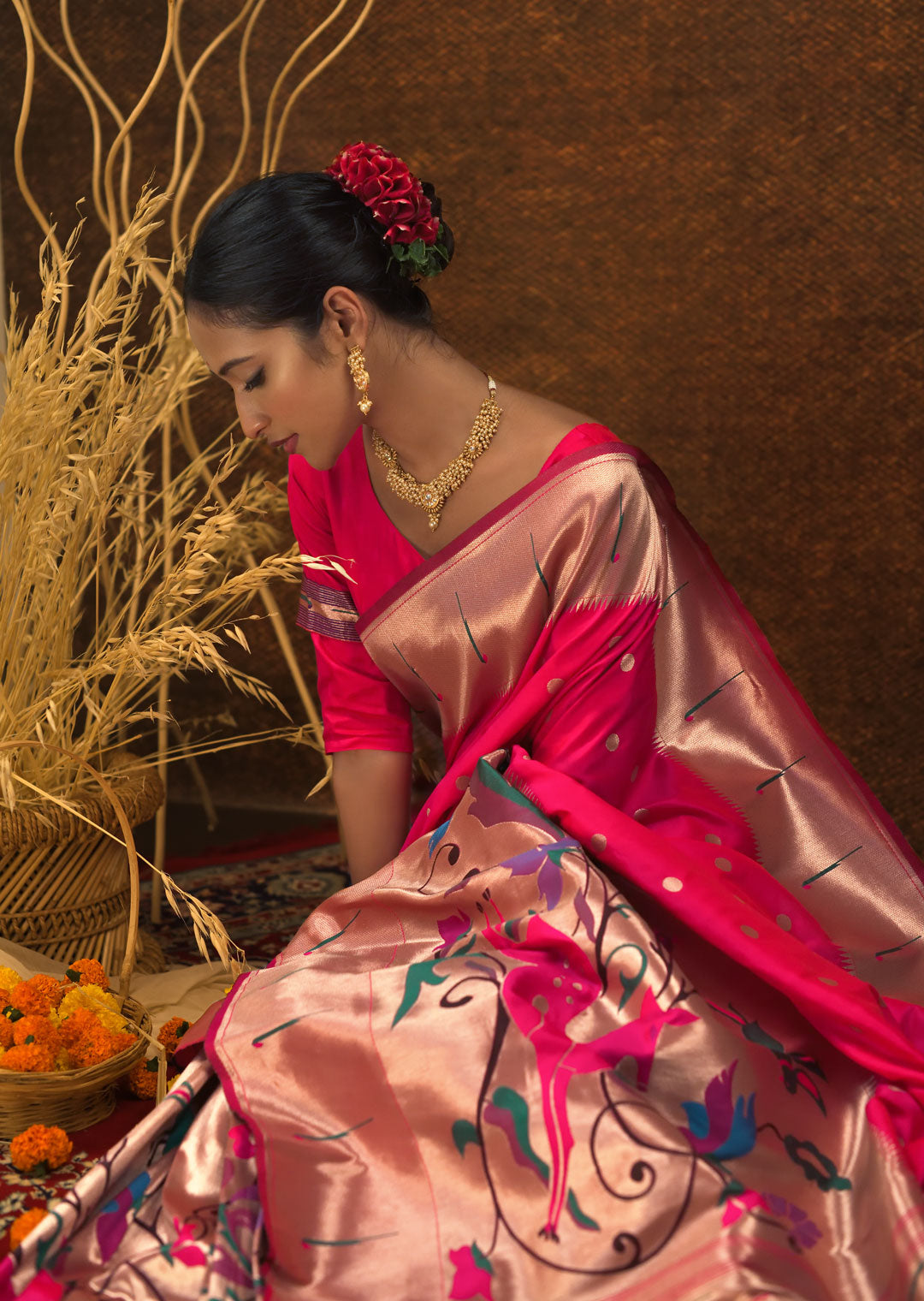 RUBY PINK ZARI WOVEN TRADITIONAL PAITHANI SILK SAREE