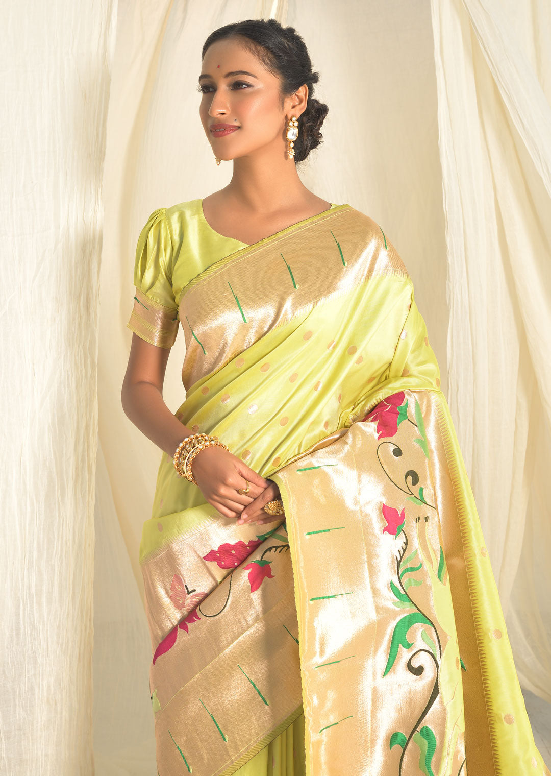 LIME GREEN ZARI WOVEN TRADITIONAL PAITHANI SILK SAREE