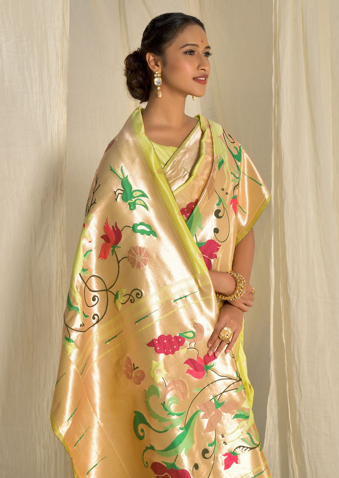 LIME GREEN ZARI WOVEN TRADITIONAL PAITHANI SILK SAREE