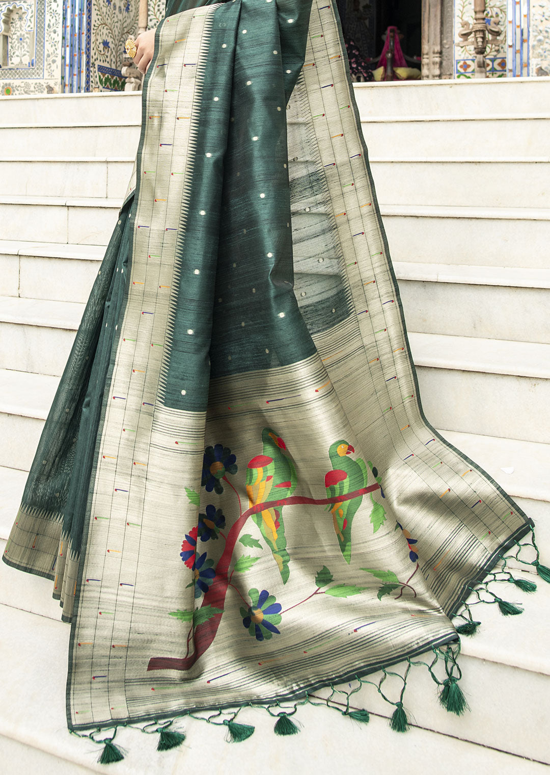 BOTTLE GREEN ZARI WOVEN TRADITIONAL PAITHANI SILK SARE