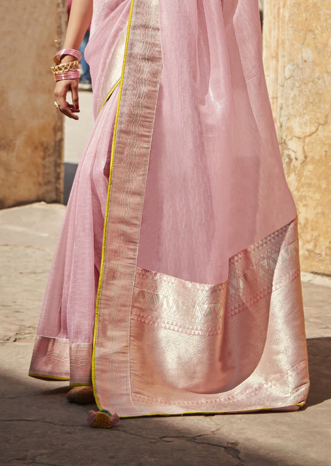 Light Pink Woven Designer Saree With Heavy Embroidered Blouse