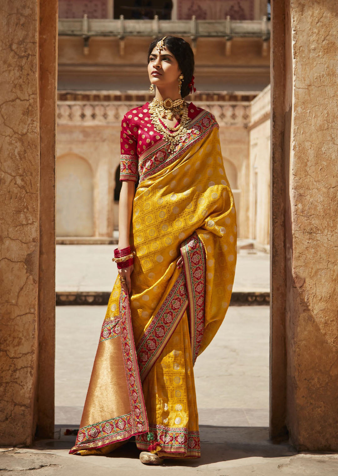 Urvi Yellow Kanchipuram Silk Saree With Attractive Blouse – Zariknyaa