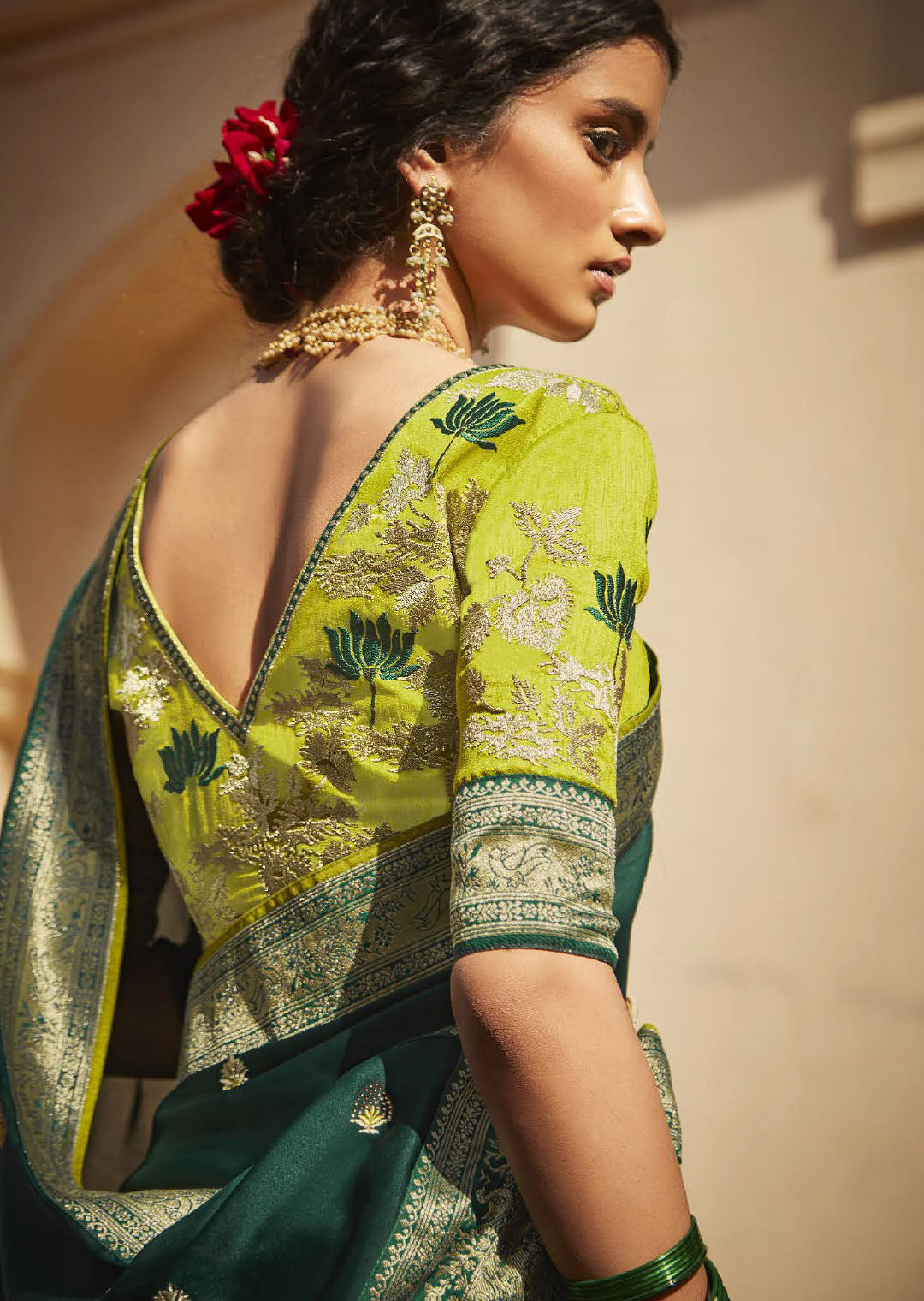 Bottle Green Woven Traditional Silk Saree With Heavy Embroidered Blouse