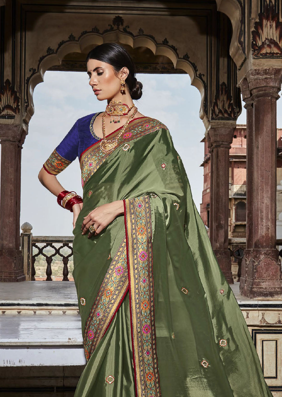 Moss Green Woven Traditional Banarasi Silk Saree