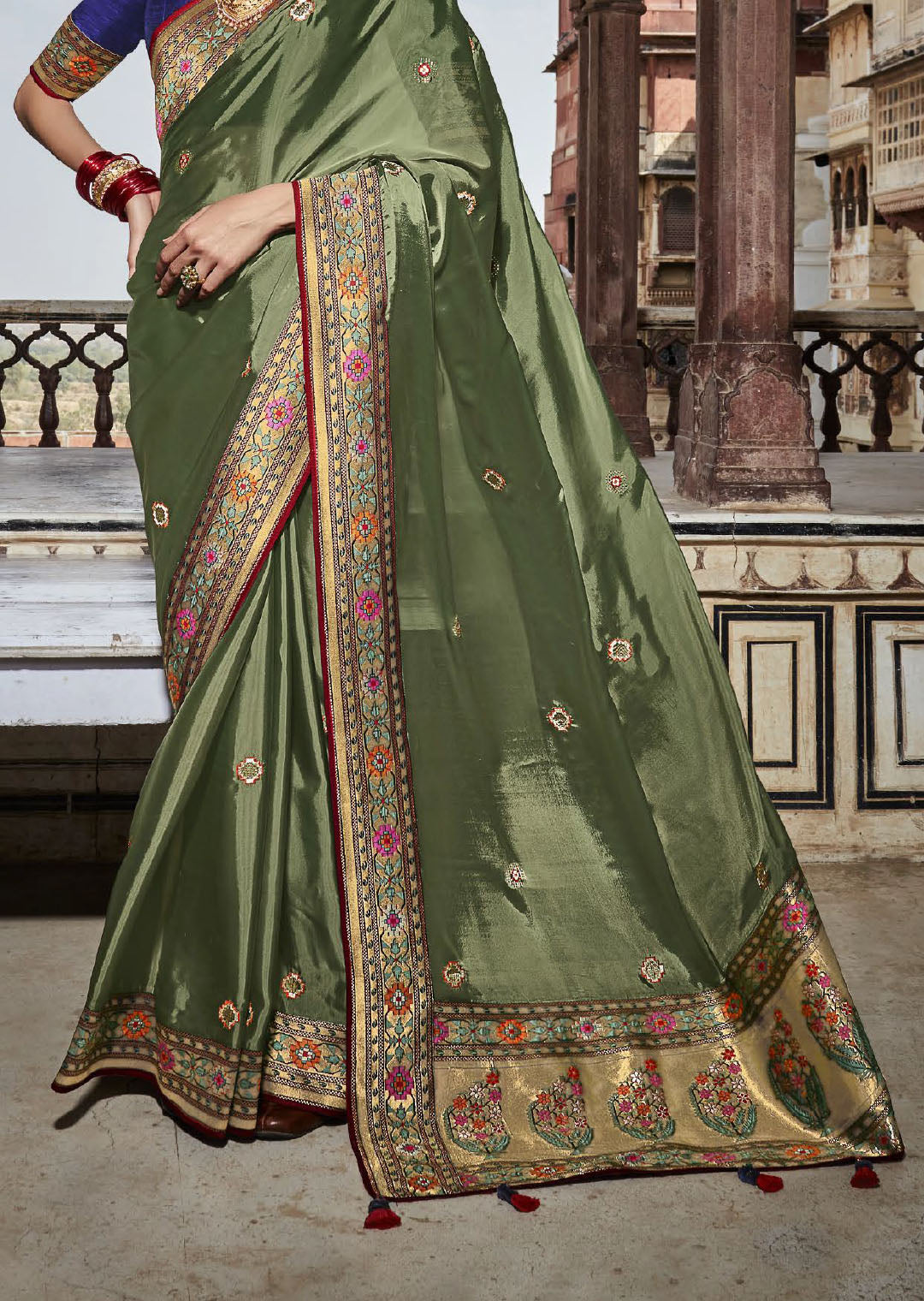 Moss Green Woven Traditional Banarasi Silk Saree